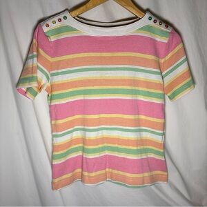 🌈 Vintage Cappagallo Striped Knit Top – Pastel Rainbow – Jewel Button Shoulder